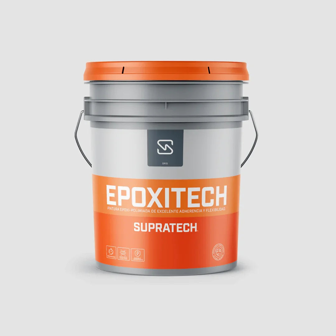 Cubo de pintura epóxica industrial anticorrosiva Epoxitech de Supratech con tapa naranja