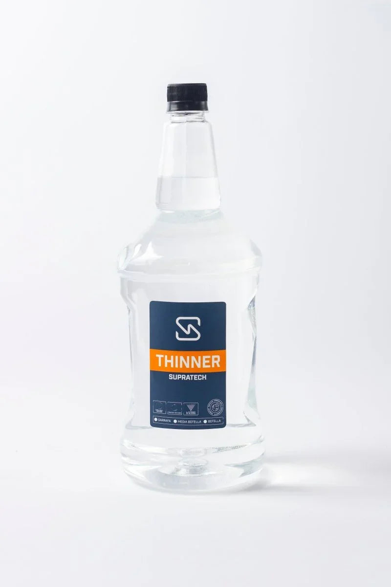 Botella transparente de solvente Supratech thinner extra para pinturas con tapa negra