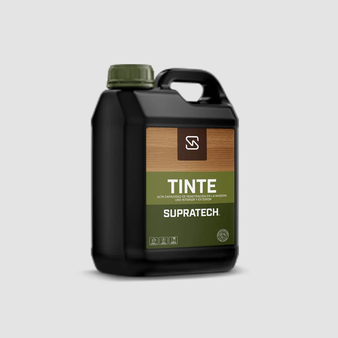 Envase negro de tinte para madera Supratech con etiqueta verde y marrón para acabado en madera