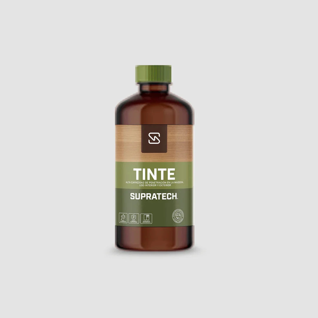 Botella de tinte para madera Supratech color marrón con tapa verde para protección y acabado en madera