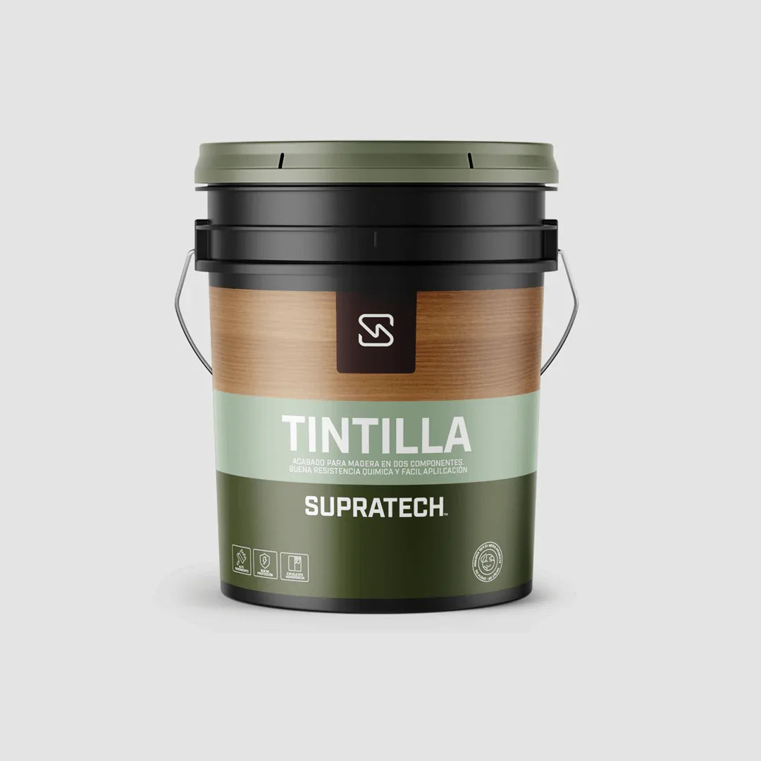 Envase de tintilla para madera Supratech en bote negro con etiqueta verde y marrón para acabado de madera